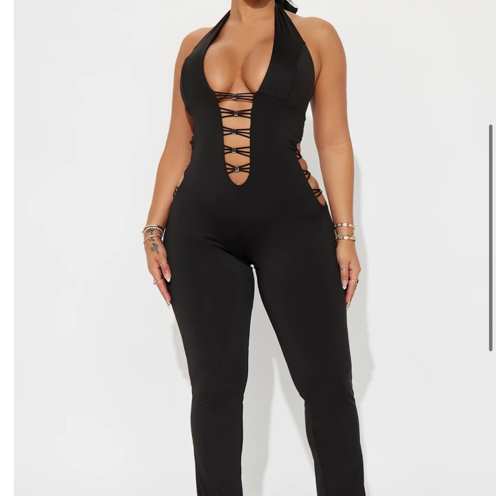 Fashion Nova Black Lace-Up Halter Jumpsuit